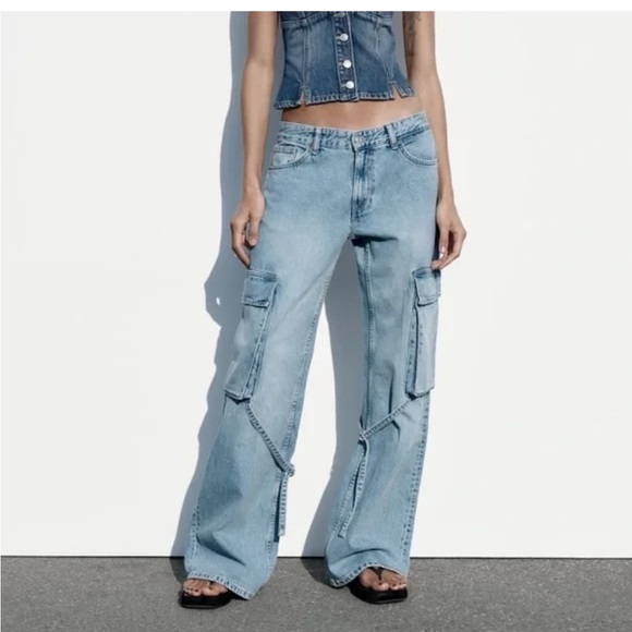 Zara 4 Blue Flare Y2K Mid-Rise with Belt Loop Detail Wide Leg Cargo Jeans - Picture 1 of 11